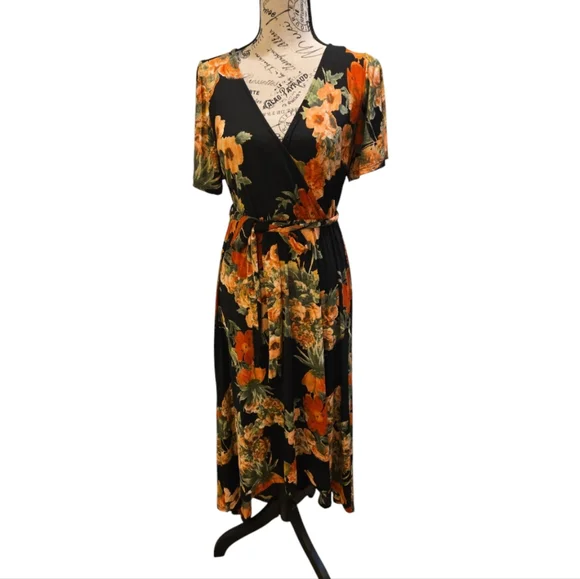 Floral Wrap Dress in Black and Orange - Picture 2 of 8